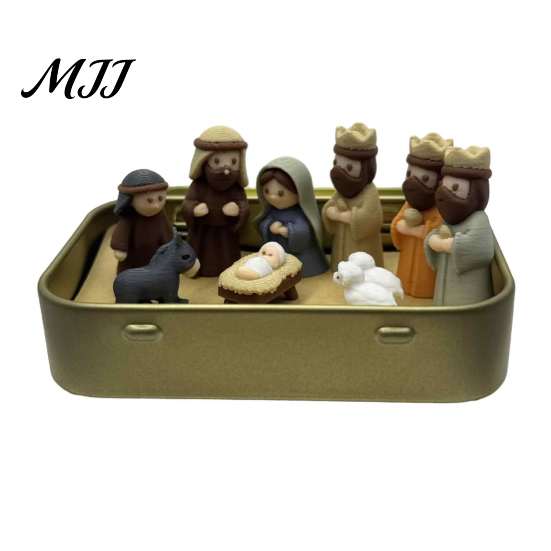 Nische Kreatives Weihnachtsgeschenk Mini-Weihnachtskrippe in einer Blechdose, 3D-gedruckte Taschengröße Heilige Familie Retro Metall-Aufbewahrungsbox Figuren,