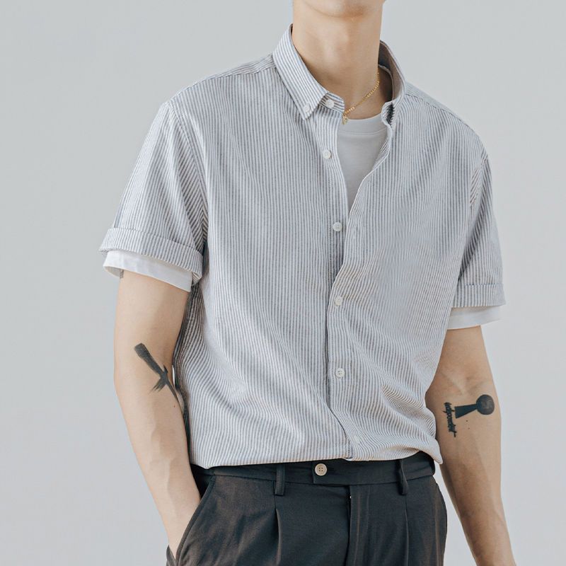 

Men s Grey Striped Short Sleeve Shirt Loose Casual Summer Top L синій