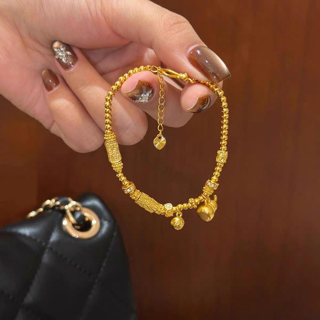 Women's Sand Gold Gourd Charm Beaded Bracelet - New Chinese Style, Retro National Design, Long-Lasting Color Retention