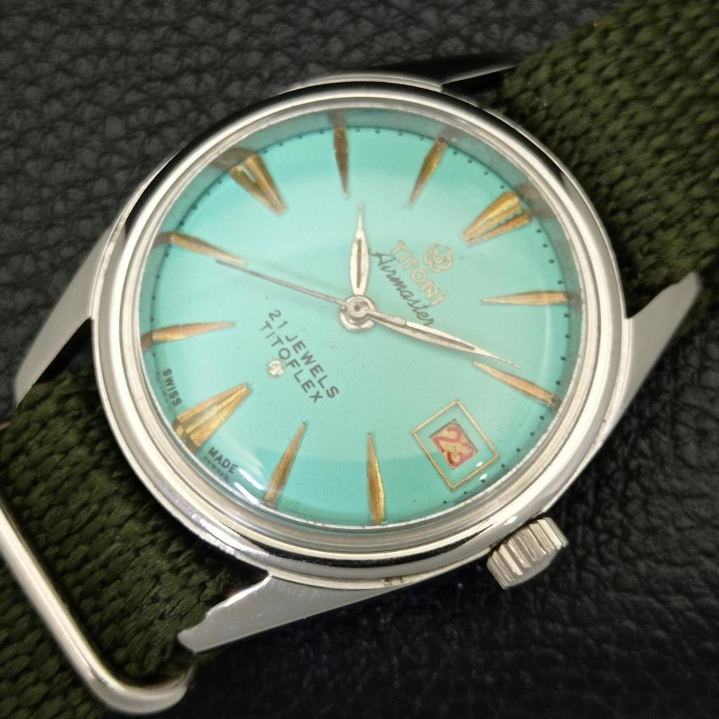 USED TITONI AIRMASTER TITOFLEX SWISS MENS TURQUOISE BLUE DIAL WATCH a432180-2 R110-a432180