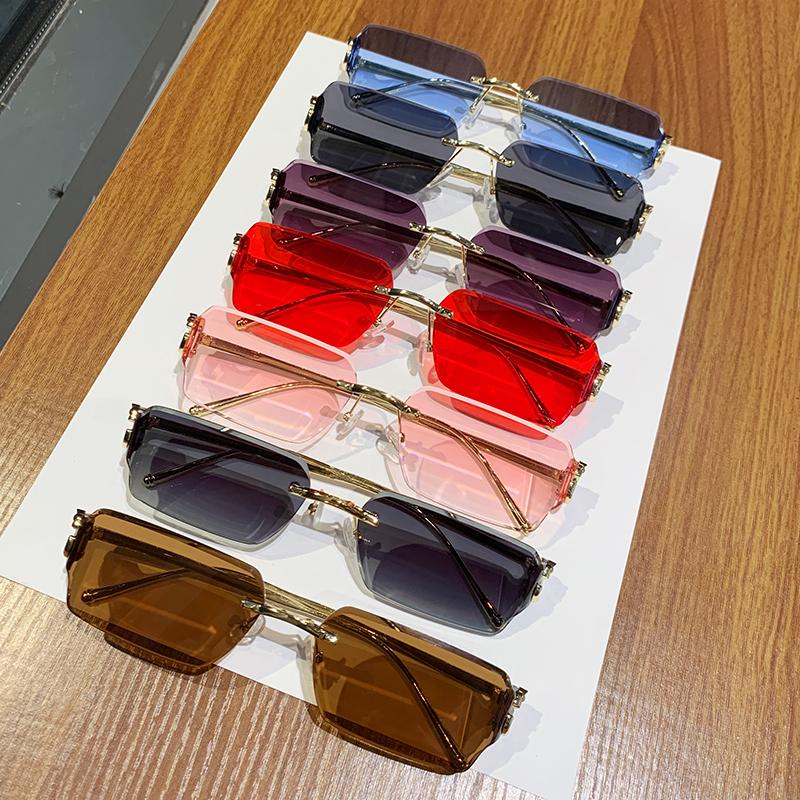 Frameless Square Sunglasses For Women Men's New Narrow Frame Sunglasses Retro Leopard Head Metal Sunscreen 90282