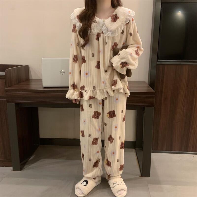 OEING Women's Little Bear Coral Fleece Pajama Set