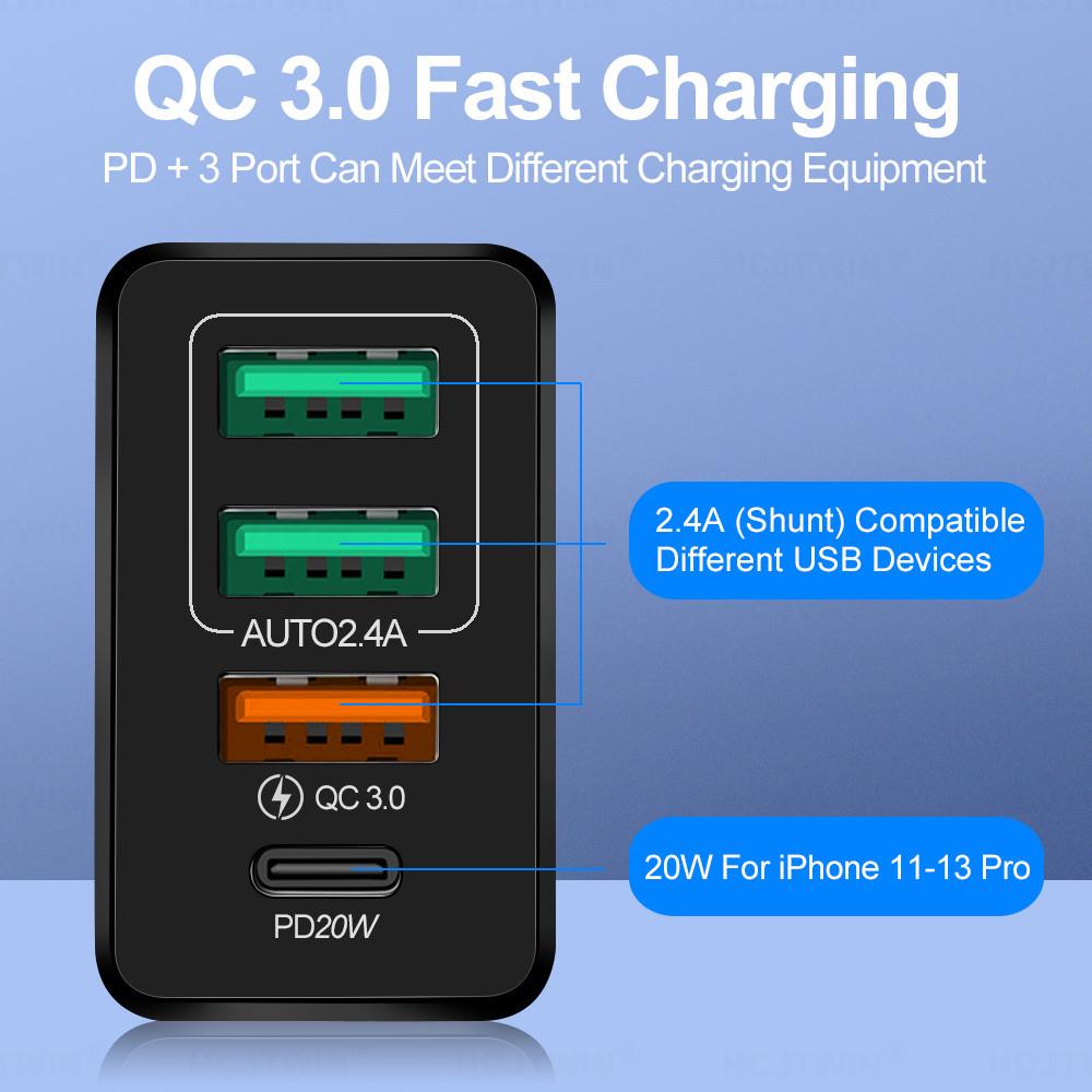 4A Multi-Port PD20W + 2.4A 3-USB Charger European, American and British Adapter