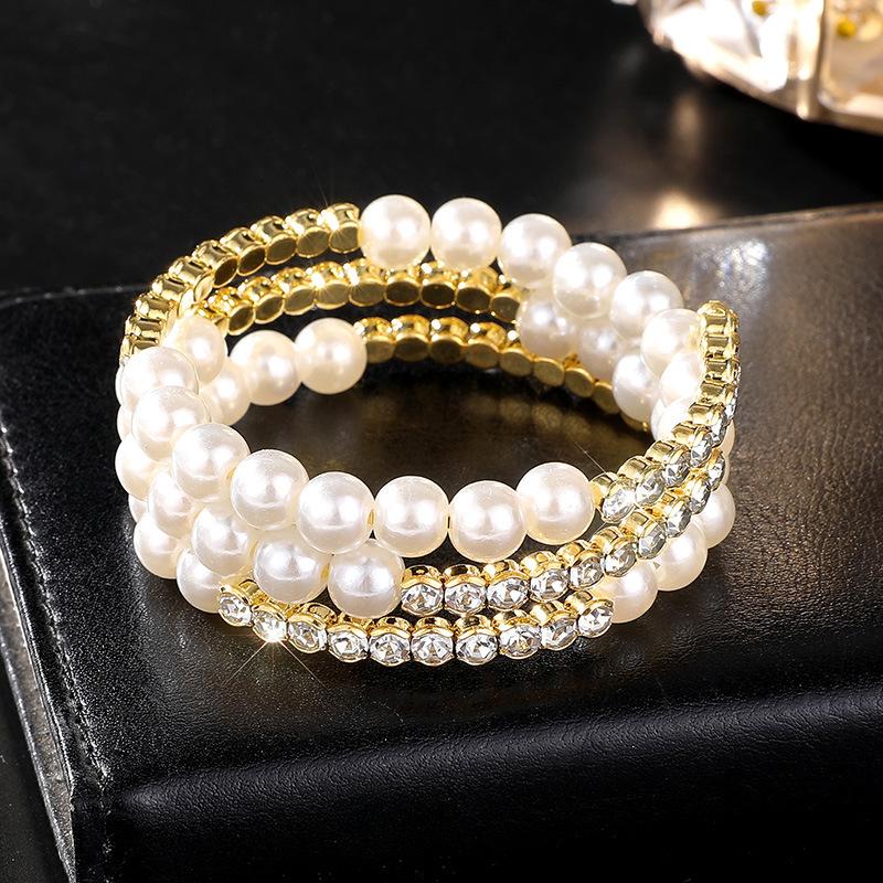 Multilayer Wrapped Pearl Jewelry Bridal Versatile Diamond Set Elastic Pearl Bracelet Bracelet