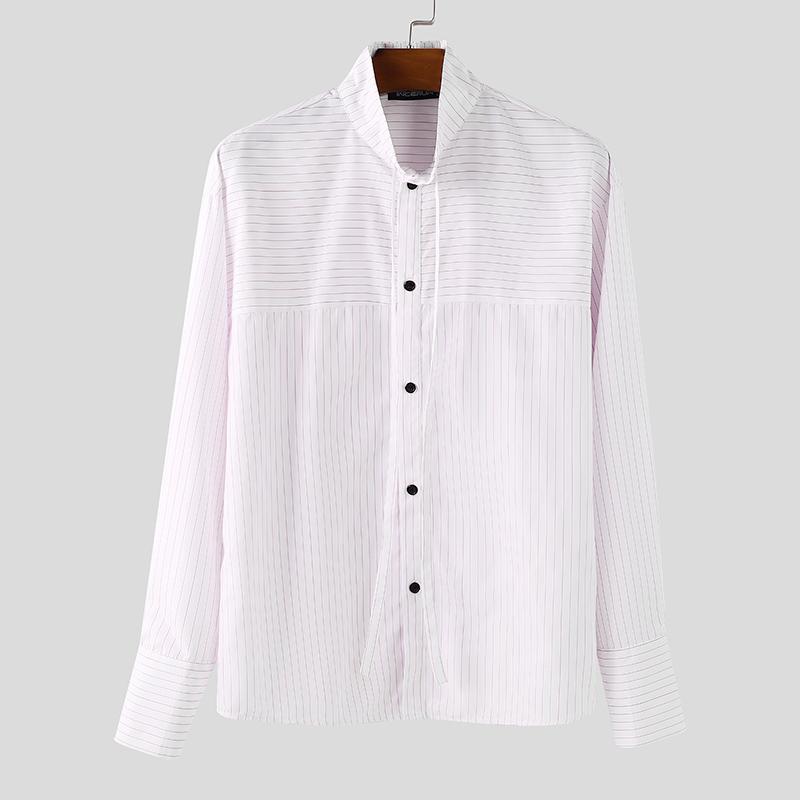 

INCERUN Men Spring Stand Neck Long Sleeve Striped Casual Oversized Shirts Tops 5XL розовый