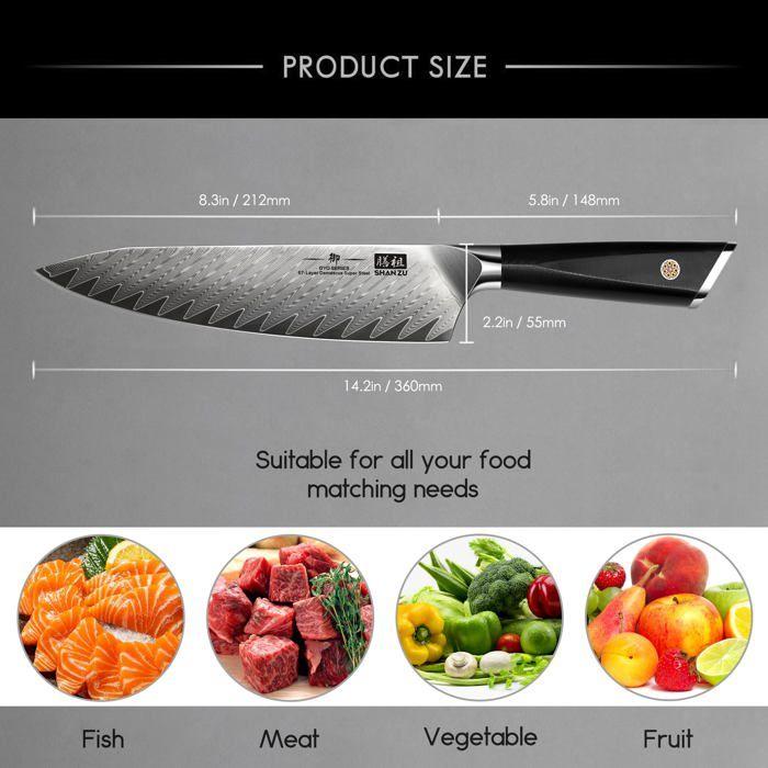 Couteau de cuisine - shan zu - szpcs-2018-001 - acier damas 67 couches - manche g10 - 22 cm