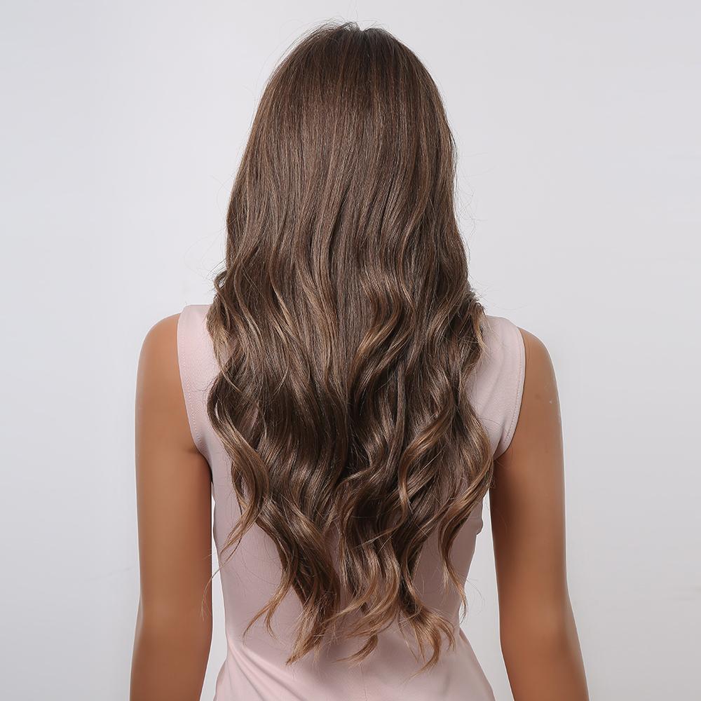 Ombre Brown Long Wavy Synthetic Hair Wig for Black Women Afro Middle Part Heat Resistant Fiber Cosplay Daily Use Hair Wigs