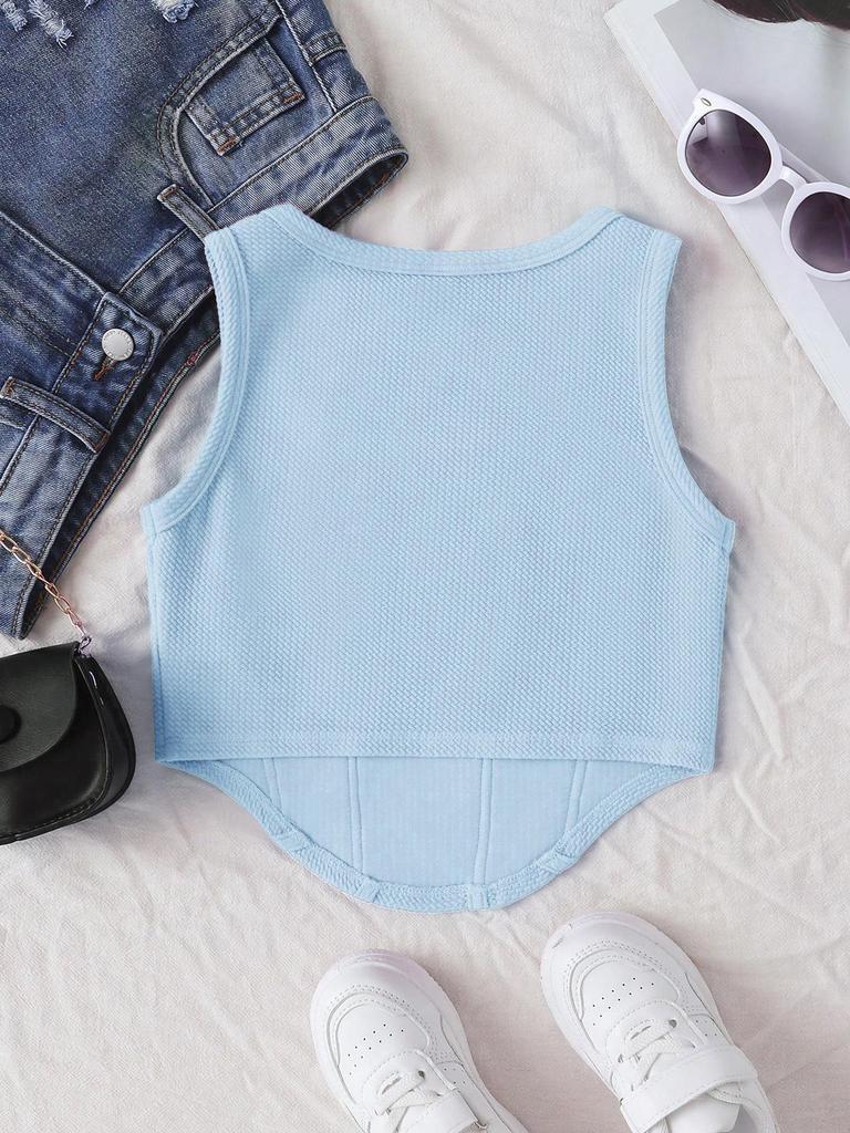 Girls' Summer Fishbone Waist-Cinched Cropped Top, Square Neck Slim Sleeveless Vest