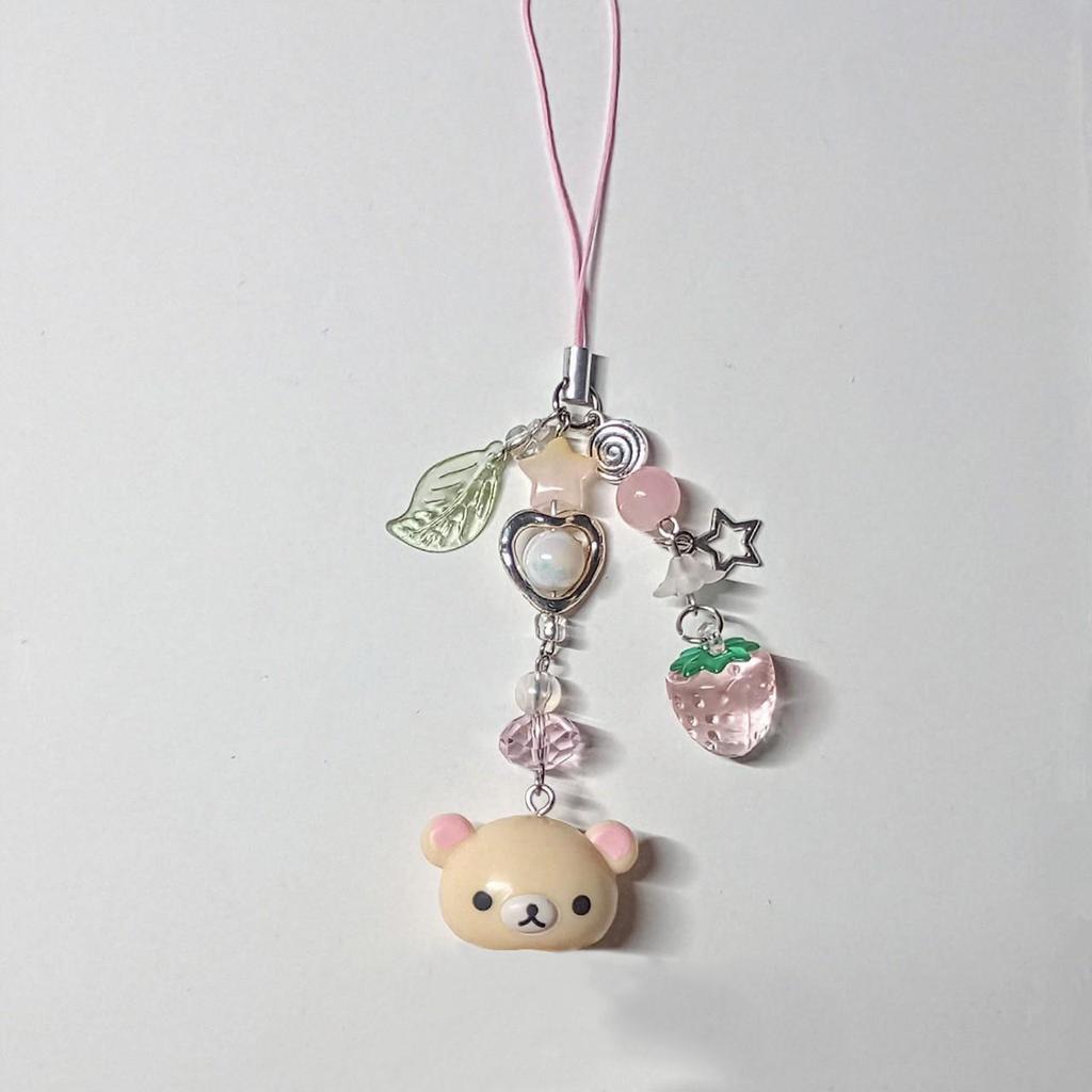 Cute Bell Bear Pendant Matching Phone Charms Keychains Y2K Handmade Rilakkuma Strawberry Beaded Accessories Jewelry Couple Gifts