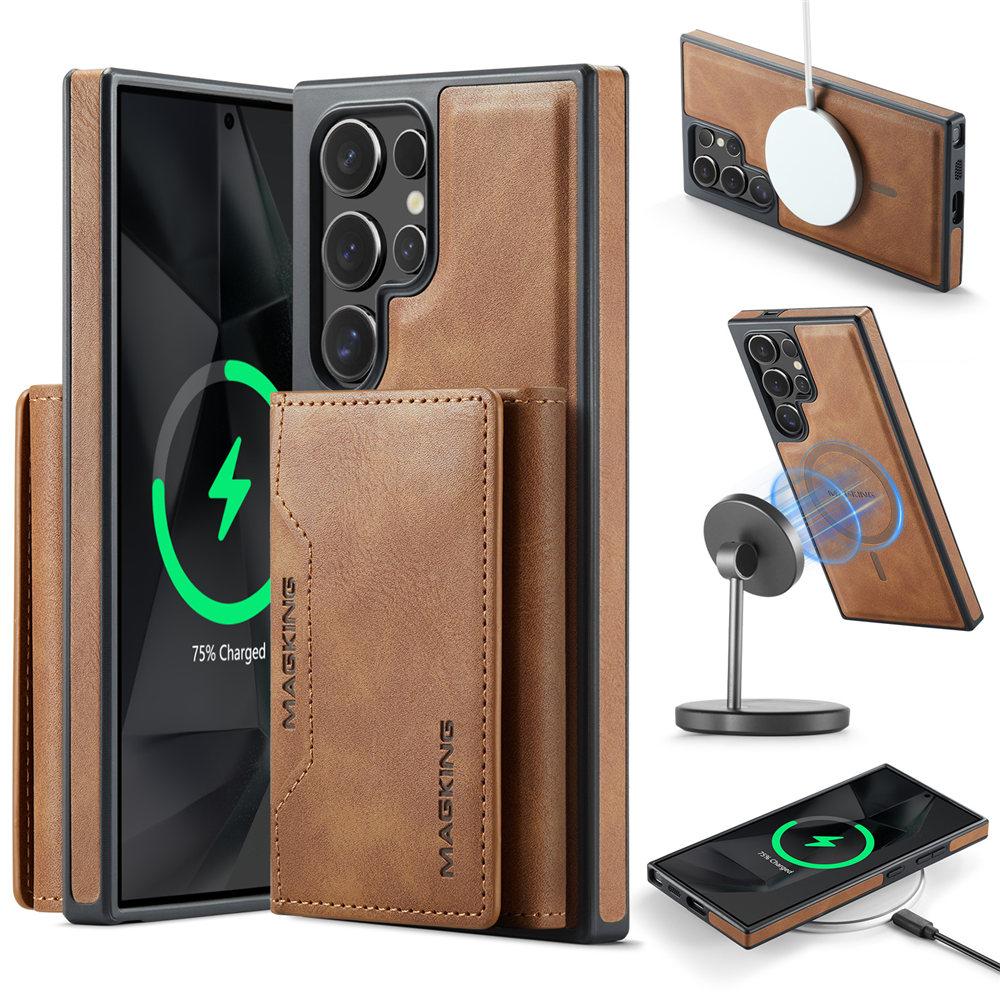 For Magsafe Wireless Charge Leather Case For Samsung Galaxy S25 S24 Plus S23 Ultra 2 In 1 Detachable Wallet Cards Phone Cover