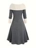 Women's Knitted Maxi Dress Round Neck Long Sleeve Patchwork Long Dresses Casual Color Block Drawstring Dress