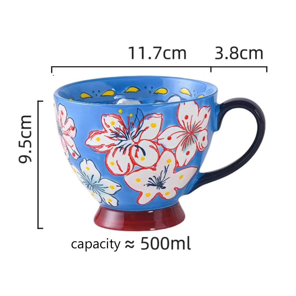 500ml Hand-Painted Ceramic Breakfast Mug – Colorful Glaze Flora lLarge Cup with Wide Mouth – Microwave & Dishwasher Safe