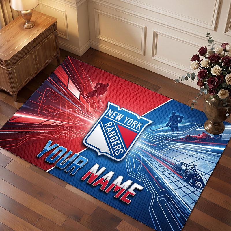 New York Rangers Personalisierter Kristall-Samtteppich, Benutzerdefinierter Name Text Weicher Anti-Rutsch-Teppich für Wohnzimmer Schlafzimmer