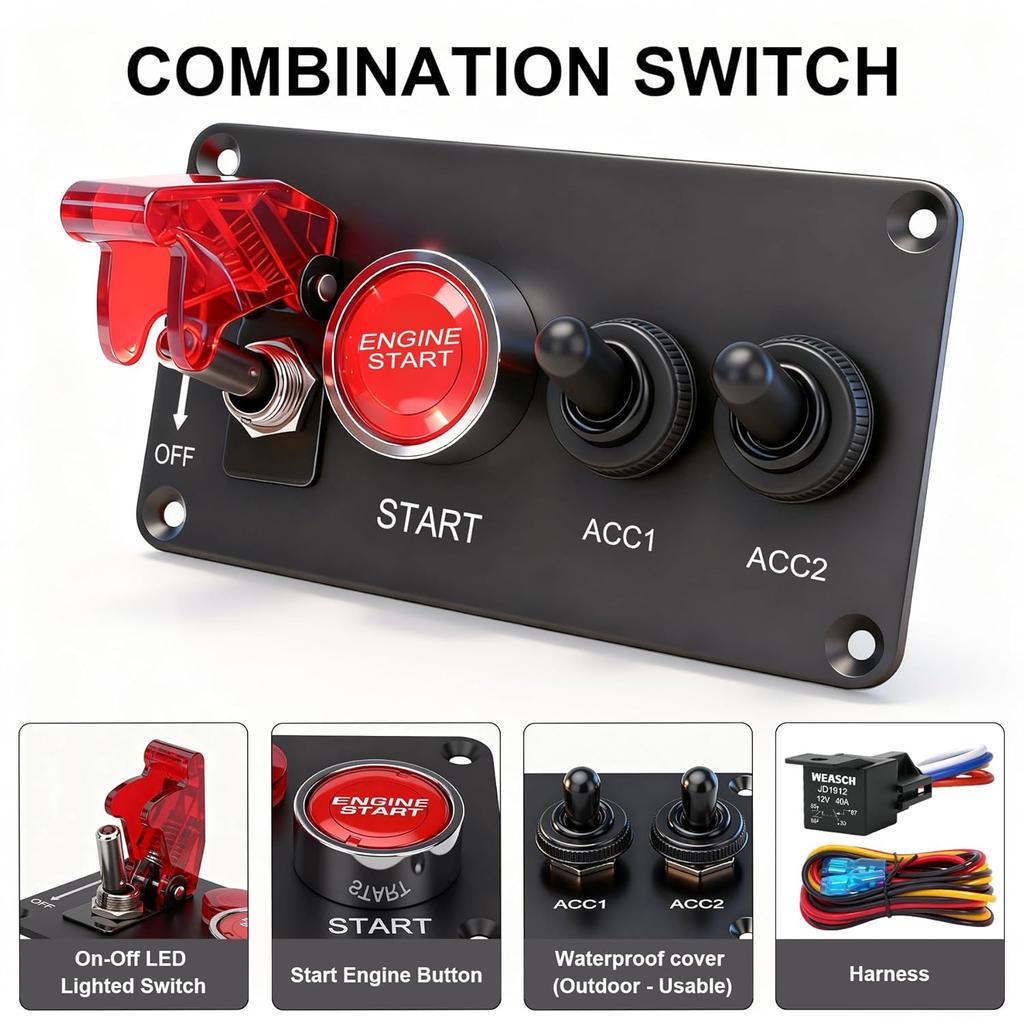 12V Ignition Switch Panel, 4 in 1 with Engine Push Button Toggle Switches, with 12AWG Relay Kit for RV Truck Racing Car Boat Marine Trailer