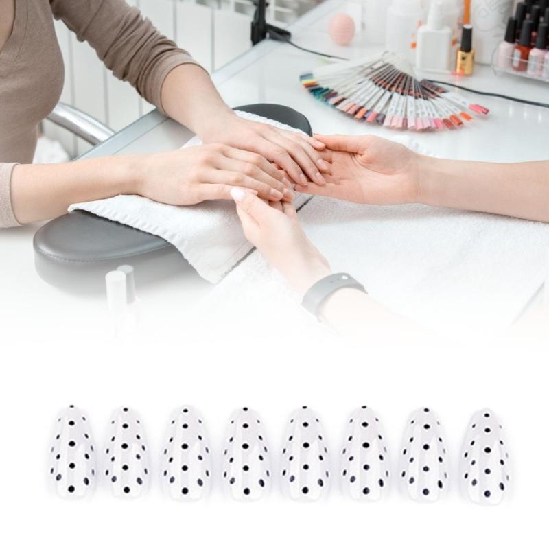 24Piece Black Dot Artificial Nail White Base Press On Nail Breathable Fake Nail For Office Party Wedding Wear