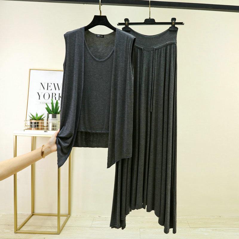 Plus size M to 6XL Modal Pajamas sets Summer Layering Vest Cardigan Top with strawstring Long Skirt Fashion Versatile 2 Piece Outfit