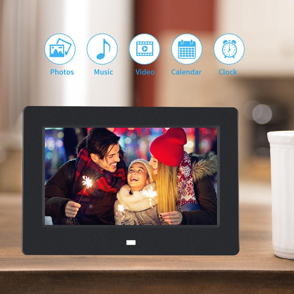7Inch 1024*600HD Digital Photo Picture Frame Alarm Clock Player Album Remote Control Black