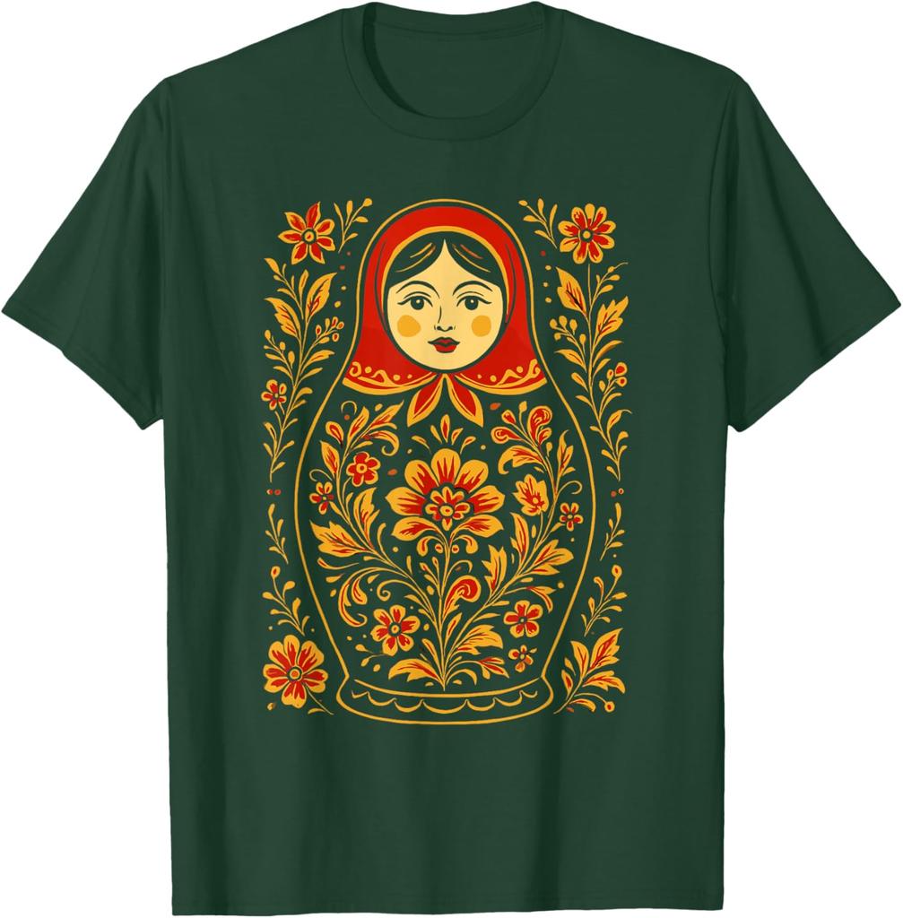 Matryoshka Doll Floral Print Graphic Tee Russian Nesting Folk Art Casual Cotton T-Shirt