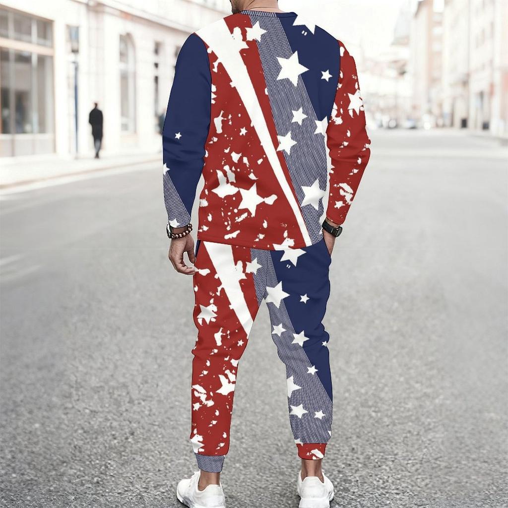 Men Sunflower American Flag Tie Dye Print Long Sleeve Sweatshirt And Drawstring Jogger Pants Two Piece Suit