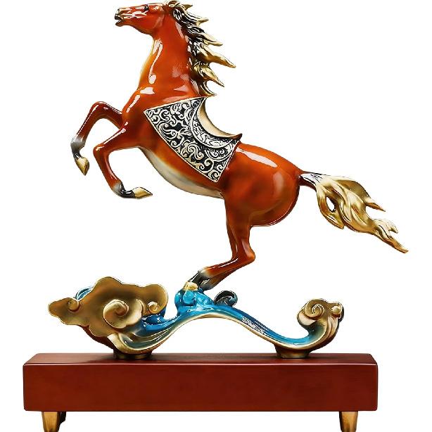Aris & Juno Hand-Painted Copper Stepping Up Sculpture with Wood Base, Traditional Chinese Career Advancement Symbol Statue, Feng Shui Office Desk