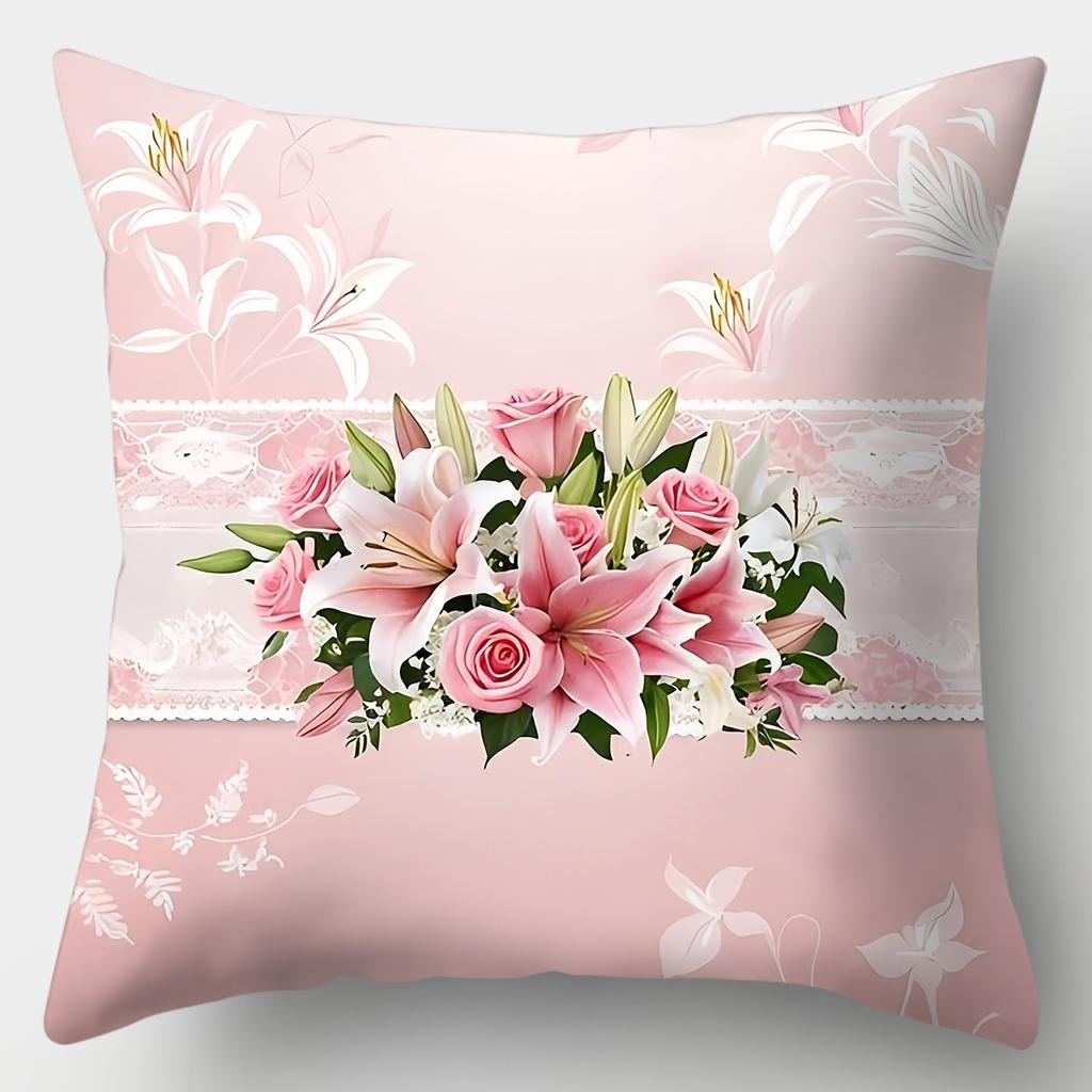 Elegant Pink Floral & Heart Pillowcase: Romantic Rose Pattern Cushion Cover For Sofa Bedroom Home Decor