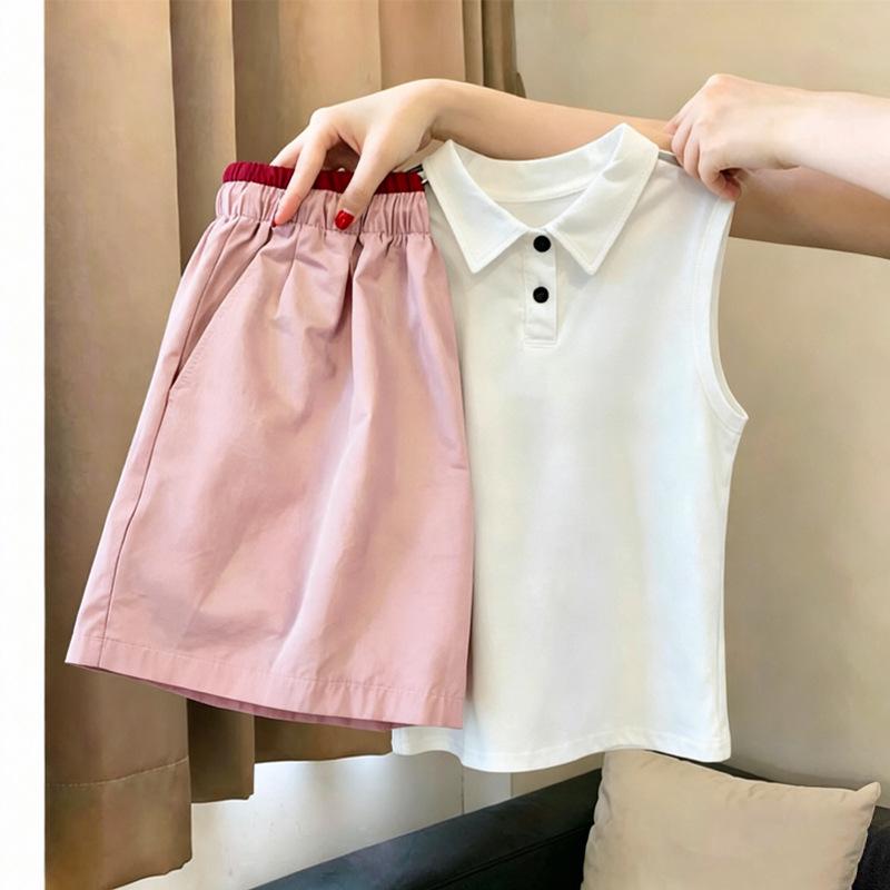 Korean Style Girls' Casual Sleeveless Polo Vest Set - Summer 2026 New Arrivals for Medium & Large Children