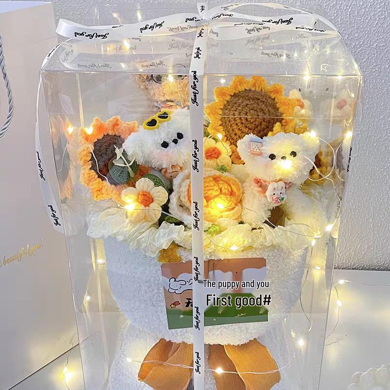 Bouquet d'anniversaire en cure-pipe avec poupée chien - Fait à la main, Cadeau mignon pour meilleure amie