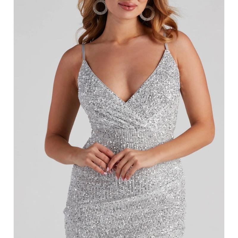 Women Sexy Sequined Deep V Neck Sleeveless Wrap Bodycon Mini Party Dress