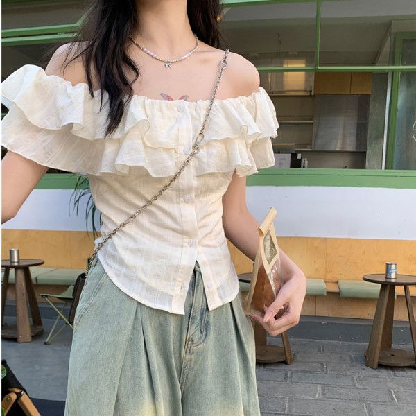 Double Layer Ruffle Off Shoulder Blouse, Ruched Slim Fit Button Front Short Sleeve White Summer Top for Women S абрикосовый