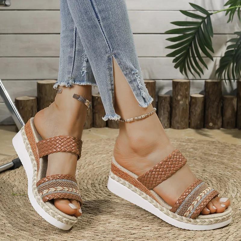 Fashion Bohemia Style Wedge Heel Sandals Women 2025 Summer Woven Platform Slippers Woman Lightweight Non Slip Thick Sole Casual Sandles