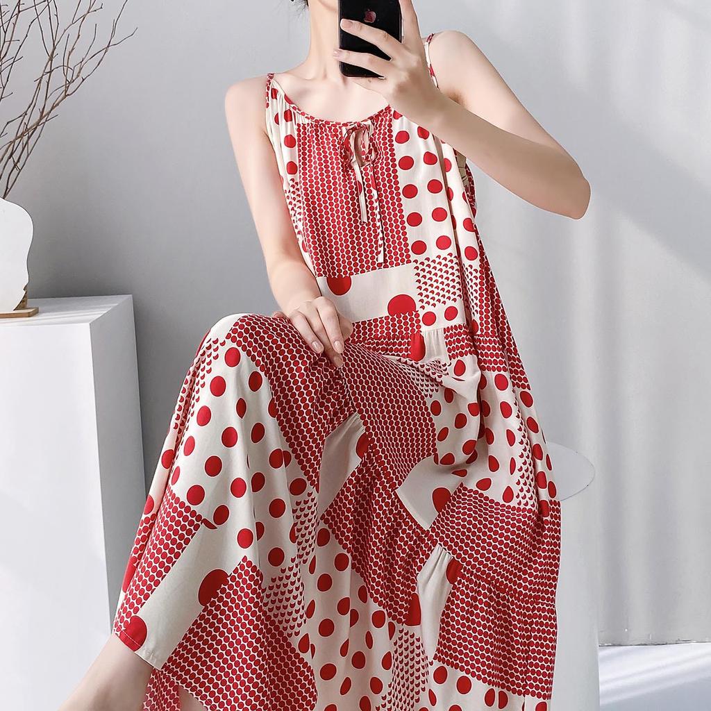 Summer sleeveless suspender cotton and silk nightdress women's lace-up can be worn outside loungewear high-end vacation long dress dress thin