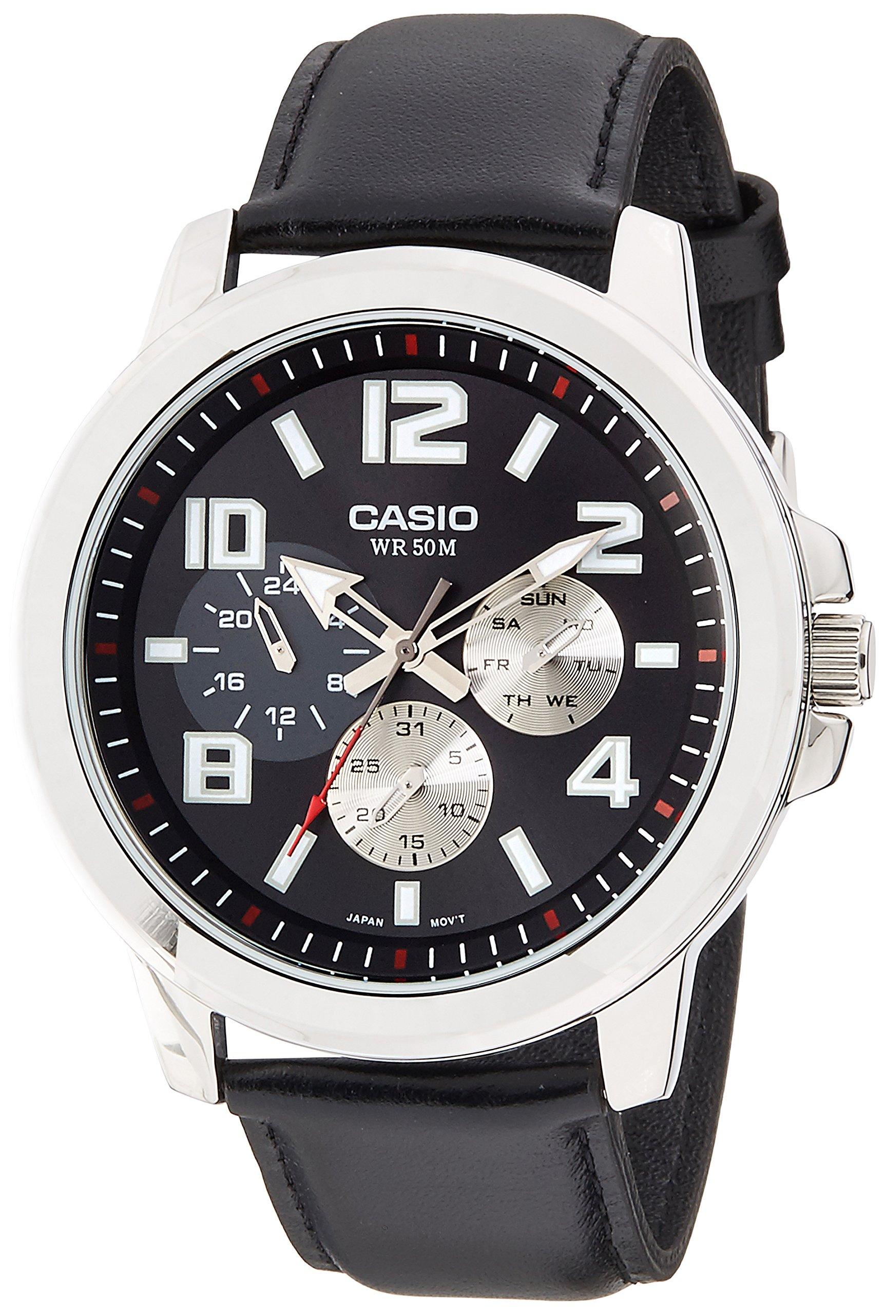 

Casio MTP-X300L1AV Men s Entiker Leather Band Multifunctional Black Dial Watch