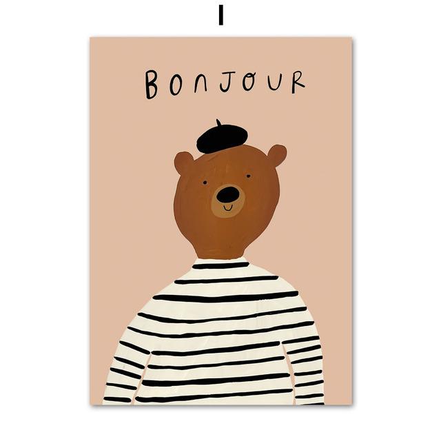 Dog Goose Rabbit Bear Fox Mouse Wildflower Cartoon Poster Wall Art Canvas Painting And Prints Wall Pictures Baby Kids Room Decor (with frame)