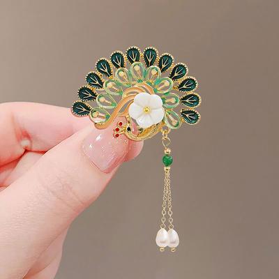 Klassische Pfauenbrosche im chinesischen Stil für Frauen, chinesische Vintage-Reversnadel, Perlen, Legierung, Abzeichen, Anzugbrosche, Schmuckzubehör