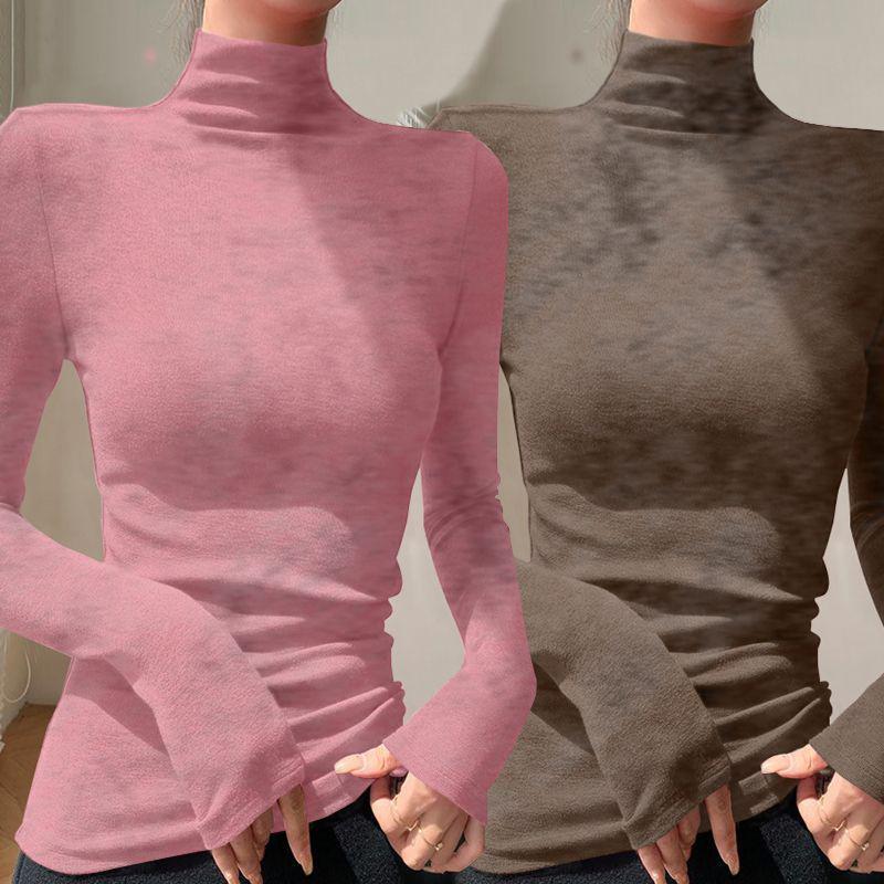 Chic Slim-fit High-neck Long-sleeve Base Layer: Solid Color, Flattering, Versatile Autumn/Winter Top
