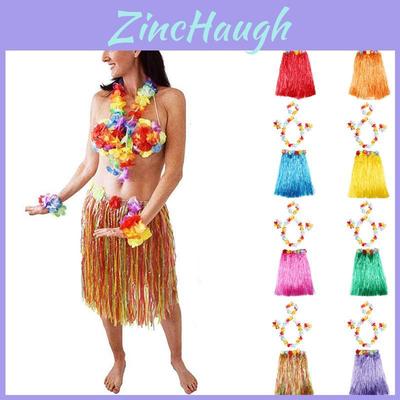 Vibrant Adult Hawaiian Hula Dance Grass Skirt With Colorful Flower Accessories
