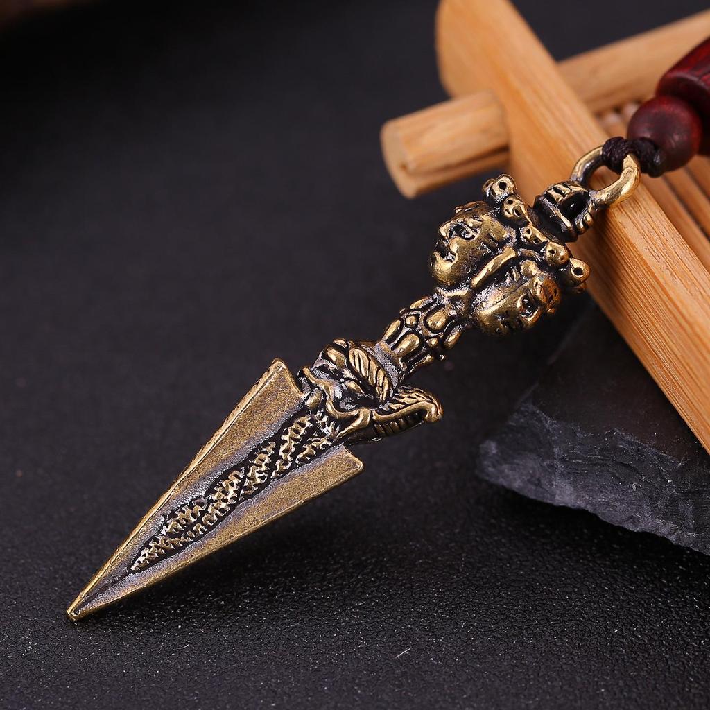 Brass Three-Sided Phurba Vajra Pendant: Tibetan Buddhist Ritual Necklace Ornament