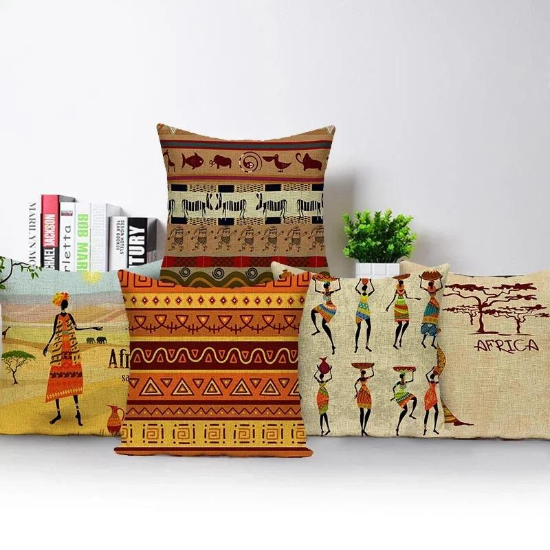 Retro Characters Cushions Case African Woman Sofa Seat Decorative Pillow Cases Abstract Geometry Home Cushion Cover