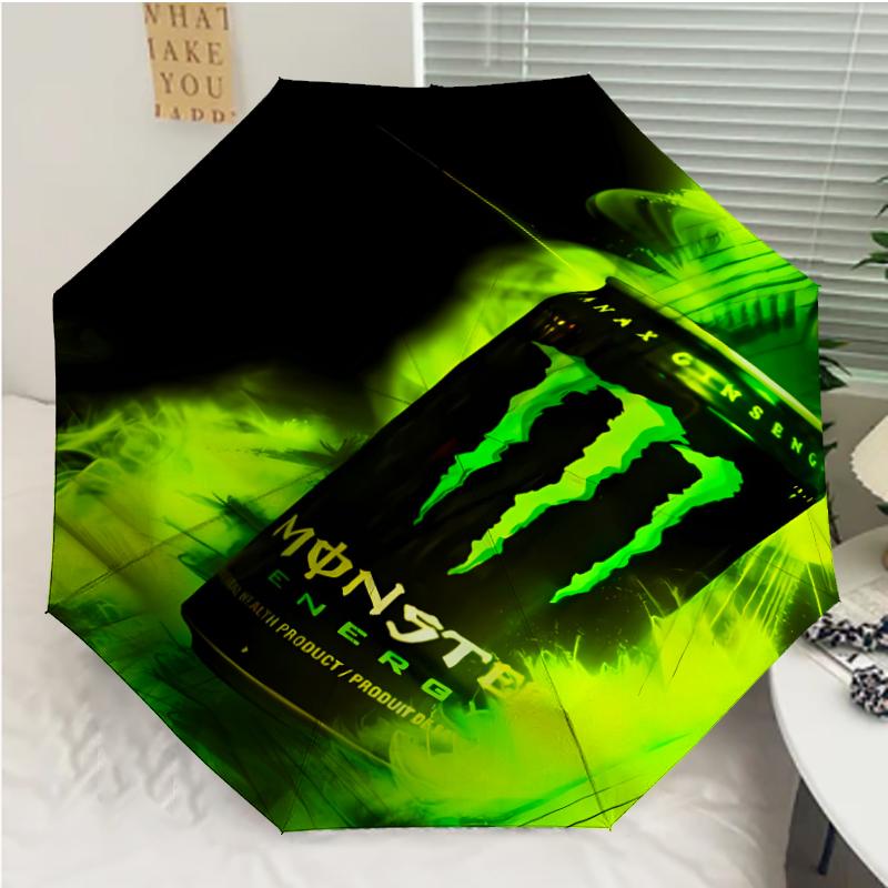Monster Energy LOGO Print Automatic Umbrella, 8 Rib Iron Frame, Plastic Handle, Suitable for Outdoor Travel &Daily , Ideal Gift