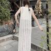 Gilet lavorato a maglia chic traforato, Cardigan lungo coreano da donna, Copricostume trasparente aderente con apertura frontale