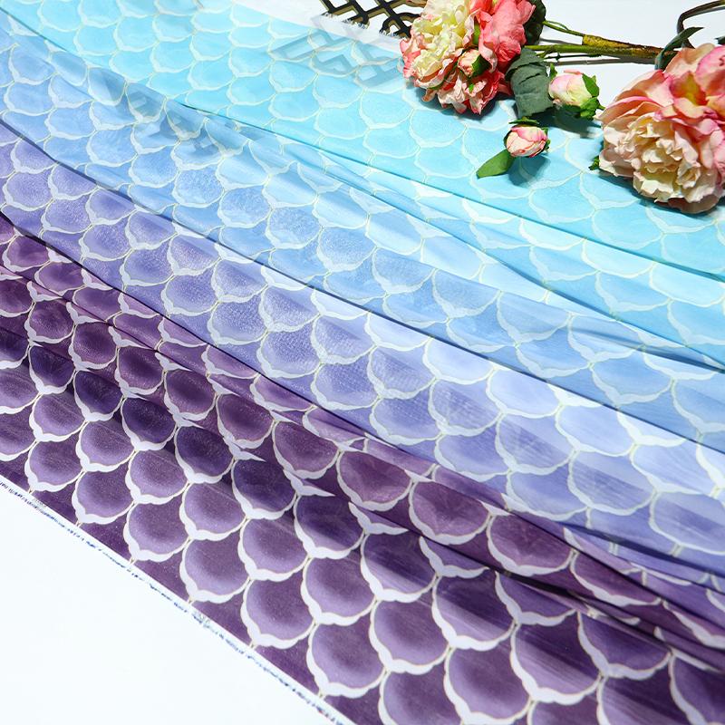 

1M Gradient Color Chiffon Fabric Fish Scale Printed Tulle Fabric for DIY Chinese Ancient Style Hanfu Dress Stage Costume Decor 100cmX150cm