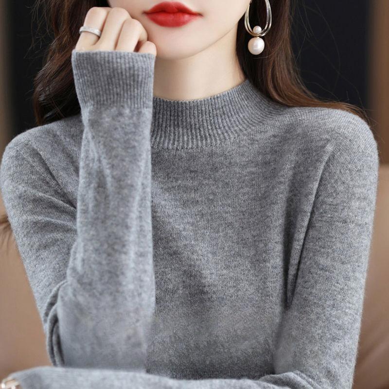 Halbhoher Pullover für Damen im Herbst und Winter, Verdickter einfarbiger lockerer Wollpullover, Kombiniert mit einem Unterhemd