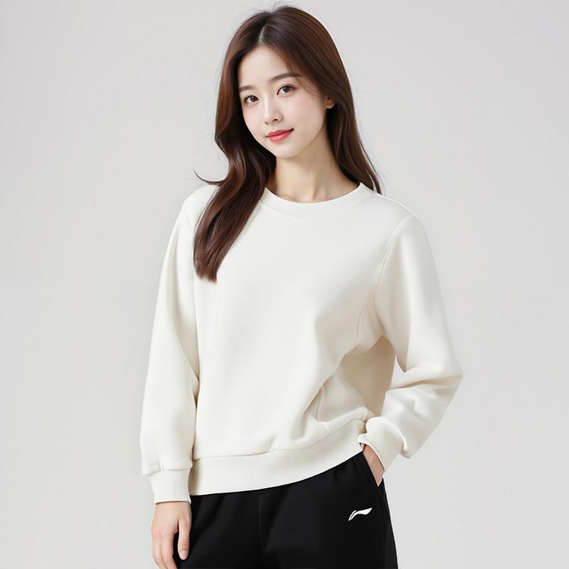 Li Ning Sweatshirts Women's Champagne White New Fleece Lined Crew Neck Moderate AWDT782-8