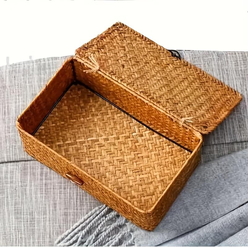 Hand-Woven Storage Basket with Lid - Rustic Organizer for Makeup, Desk & Office Supplies. Perfect Gift Box.
