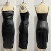 European & American Nightclub Sexy PU Leather Bodycon Dress - Little Black Dress with Ruched Spaghetti Straps