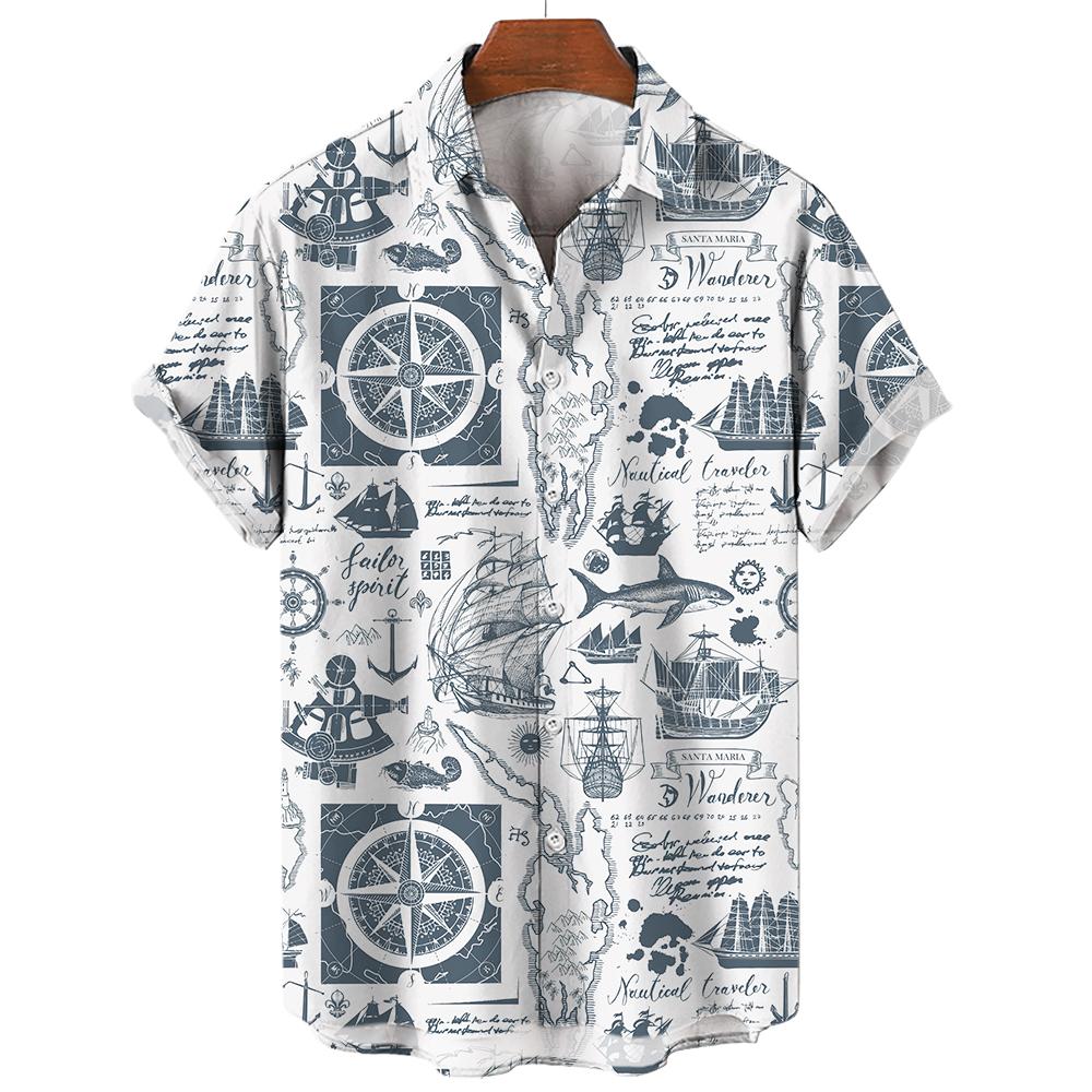 Sailing World Graphic Print Vintage Shirt Fashion Casual Hawaiian Beach Style Summer Oversized Shirts for Men Women Shirts