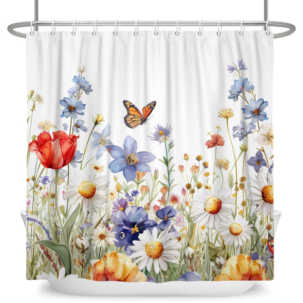 Watercolor Floral Shower Curtain Vibrant Wildflower Butterfly Print Waterproof Bathroom Curtain Decor Polyester With 12 Hooks