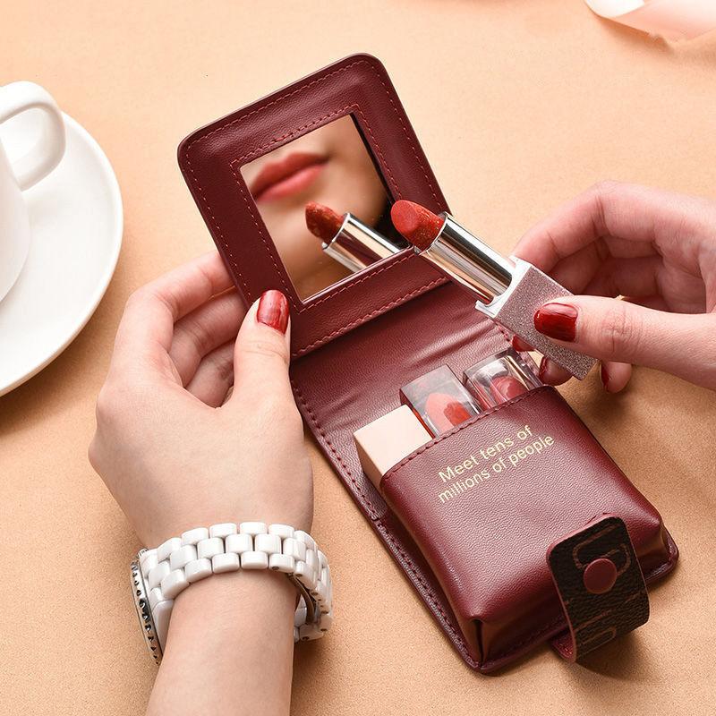 Women’s Lipstick Holder Wallet with Mirror, PU Leather Cosmetic Organizer, Compact Makeup Storage Pouch, Mini Travel Purse Gift for Women