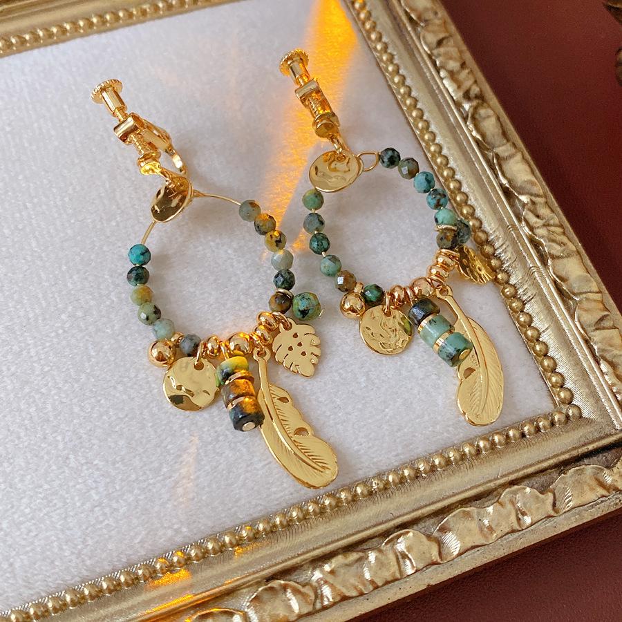 14K Gold Plated Stone Feather Pendant Stud Earrings - Retro Ethnic Style Luxury for Women
