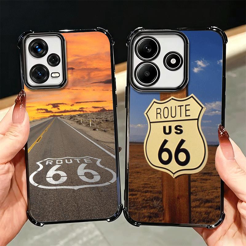 America Route 66 Plating Phone Case For Xiaomi Redmi Note 14 15 Pro Plus 13 12 11 11S 11T 10 9S 9 5G Anti-Fall Airabag Cover
